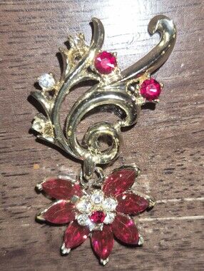 Corocraft Gold-Tone Red Crystal Floral Drop Brooch